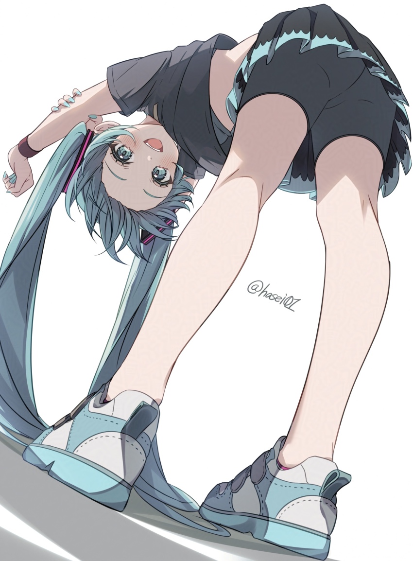 1girl, :d, adversarial_noise, alternate_costume, aqua_eyes, aqua_hair, aqua_nails, aqua_shoes, ass, bent_over, bike_shorts, bike_shorts_under_skirt, black_shirt, black_skirt, commentary_request, forehead, from_behind, from_below, full_body, hasei_(hasei01), hatsune_miku, highres, kneepits, light_blush, long_hair, looking_at_viewer, looking_back, miniskirt, open_mouth, shirt, shoes, skirt, smile, solo, stretching, t-shirt, teeth, twintails, upper_teeth_only, vocaloid