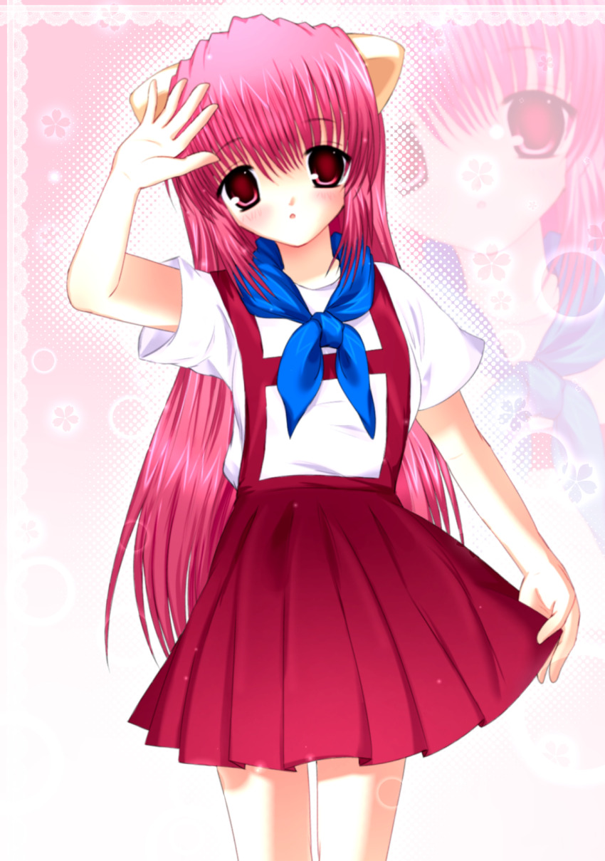 1girl, 2000s_(style), banananayomi, blush, breasts, elfen_lied, hand_on_skirt, highres