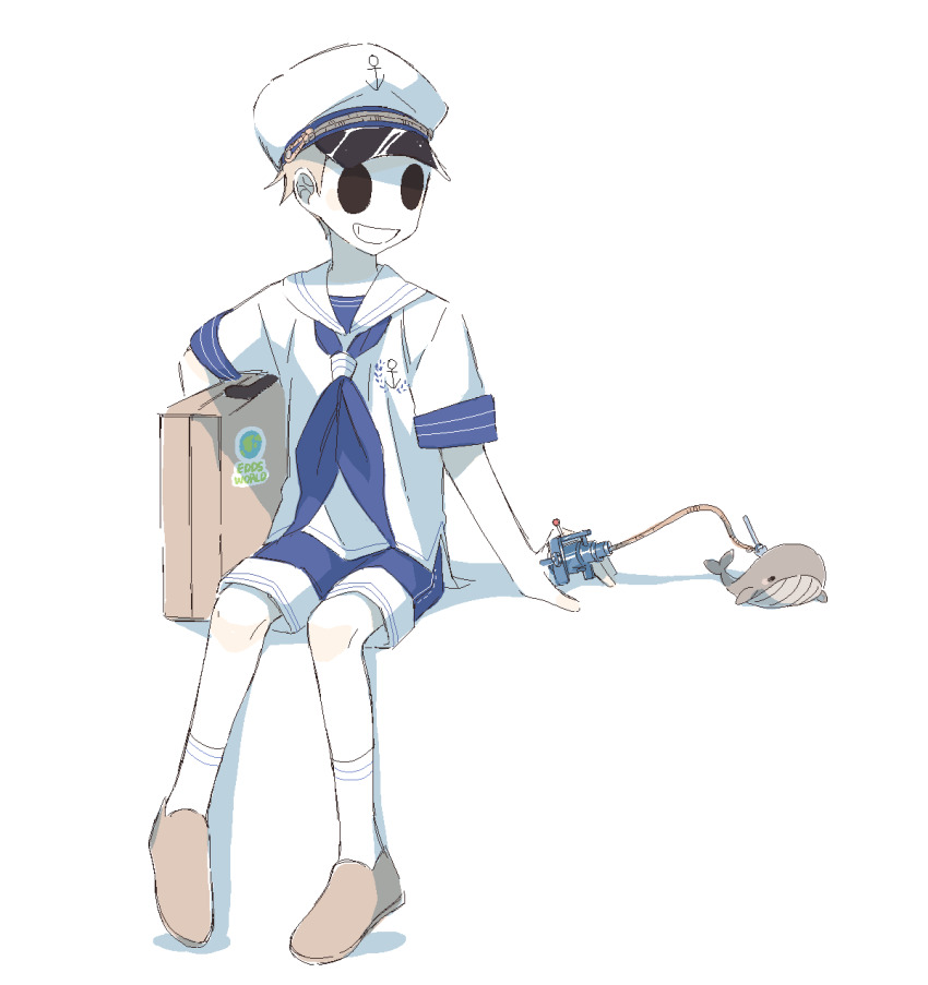 1boy, alternate_costume, anchor_print, blue_sailor_collar, blue_shorts, blush, briefcase, brown_hair, brown_shoes, commentary, eddsworld, grin, harpoon, hat, highres, hollow_eyes, jaggy_lines, keep_(dmswls6145), male_focus, sailor, sailor_collar, sailor_hat, shirt, shoes, short_hair, short_sleeves, shorts, simple_background, smile, solo, sticker, tom_(eddsworld), whale, white_background, white_hat, white_shirt
