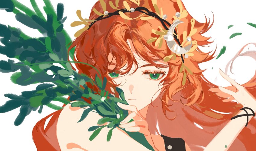 1girl, :|, bare_shoulders, closed_mouth, crescent, crescent_hair_ornament, druvis_iii, green_eyes