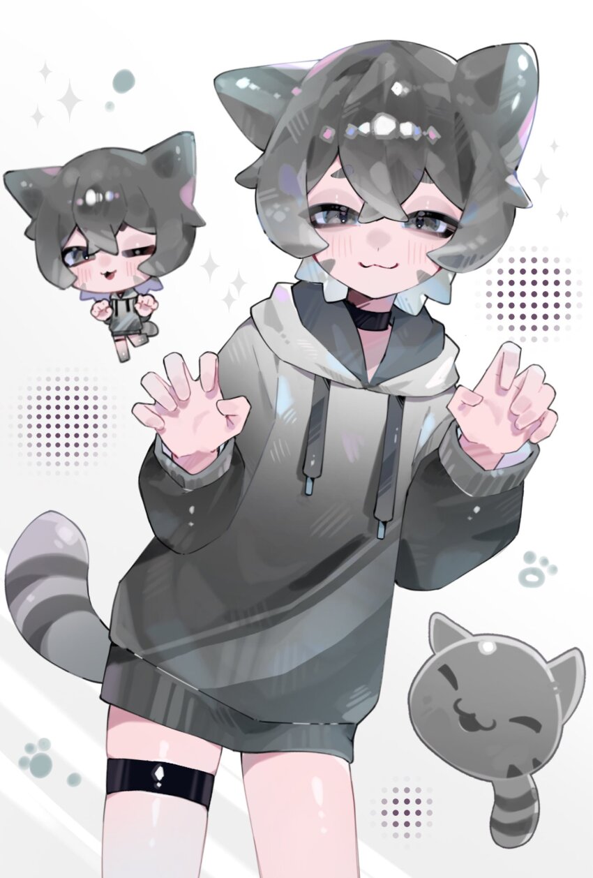 1boy, :3, ;3, ;d, aegyo_sal, animal_ears, black_choker, cat_boy