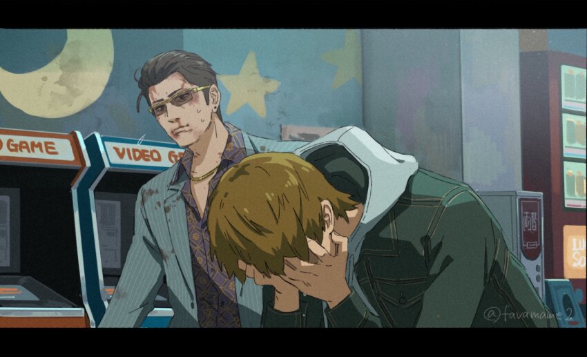 2boys, arcade, arcade_cabinet, blood, blood_on_face, brown_hair, covering_face, denim