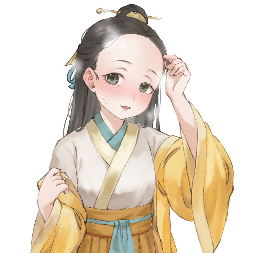 1girl, aesice, blush, chinese_clothes, downturned_eyes, forehead, grey_eyes, hair_bun