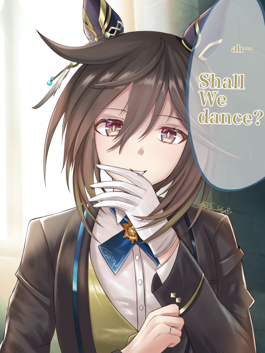 1girl, alternate_costume, animal_ears, artist_name, biting, black_hair, black_suit, brown_eyes