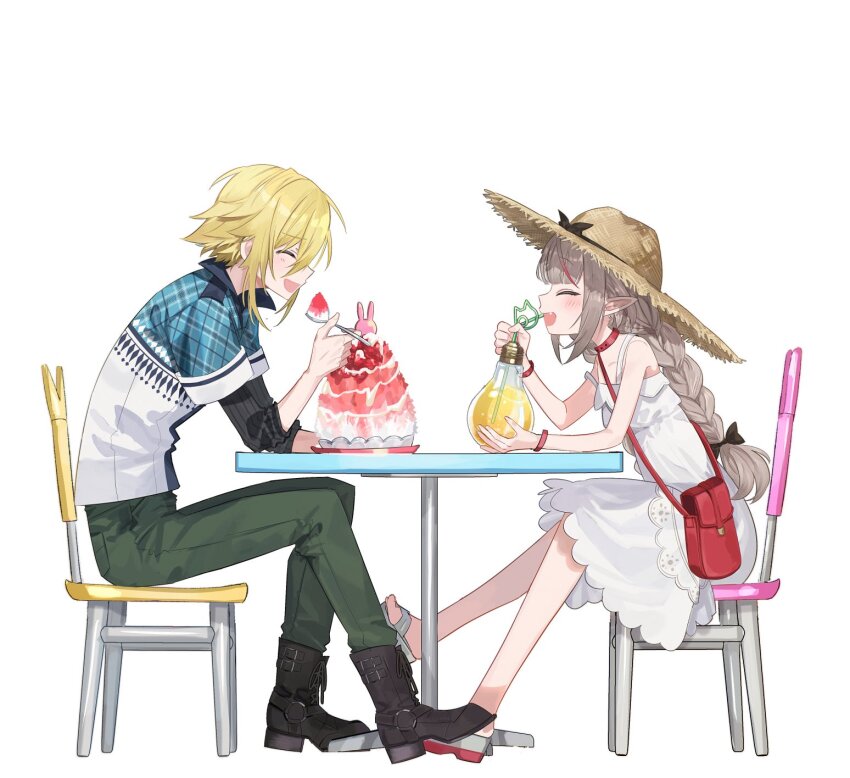 1boy, 1girl, ankle_boots, bag, bare_shoulders, belt_collar, black_boots, black_bow