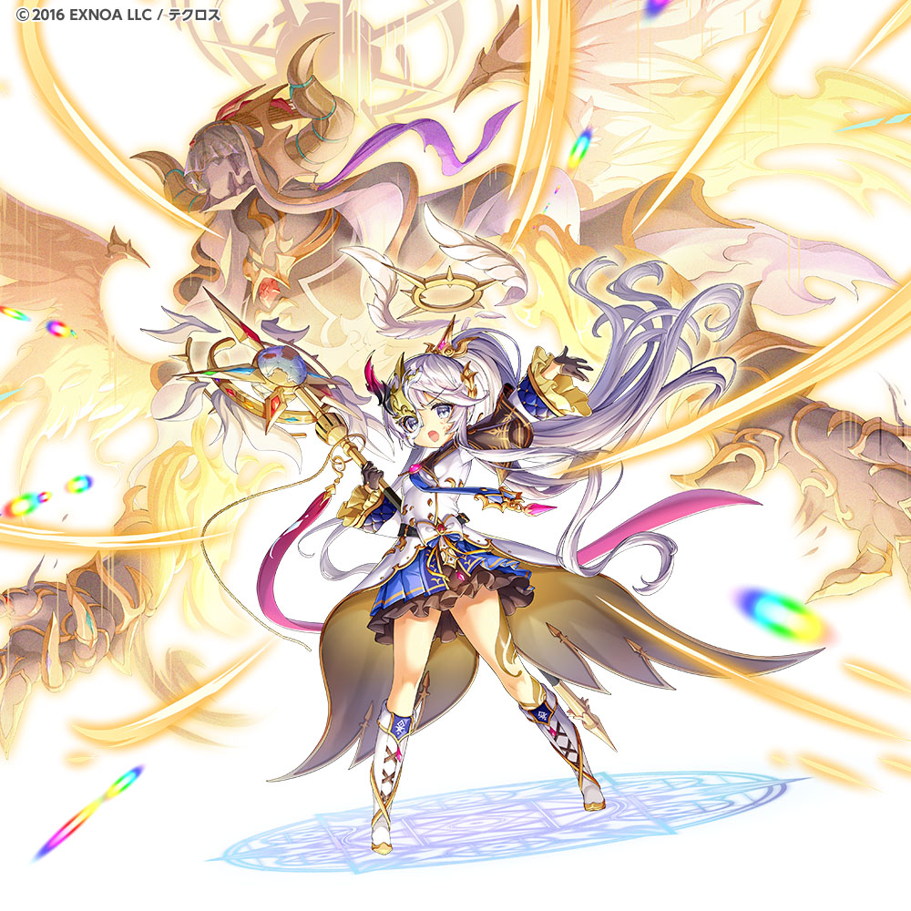 1girl, boots, dmm, gloves, grey_eyes, grey_hair, holding, holding_staff