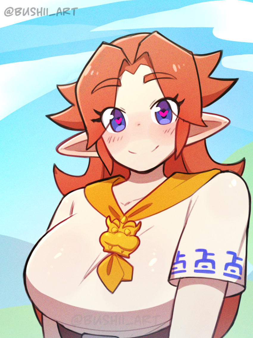 1girl, high-waist_belt, blue_eyes, blue_sky, blush_stickers, breasts, bushii_(bo0xhy), curtained_hair