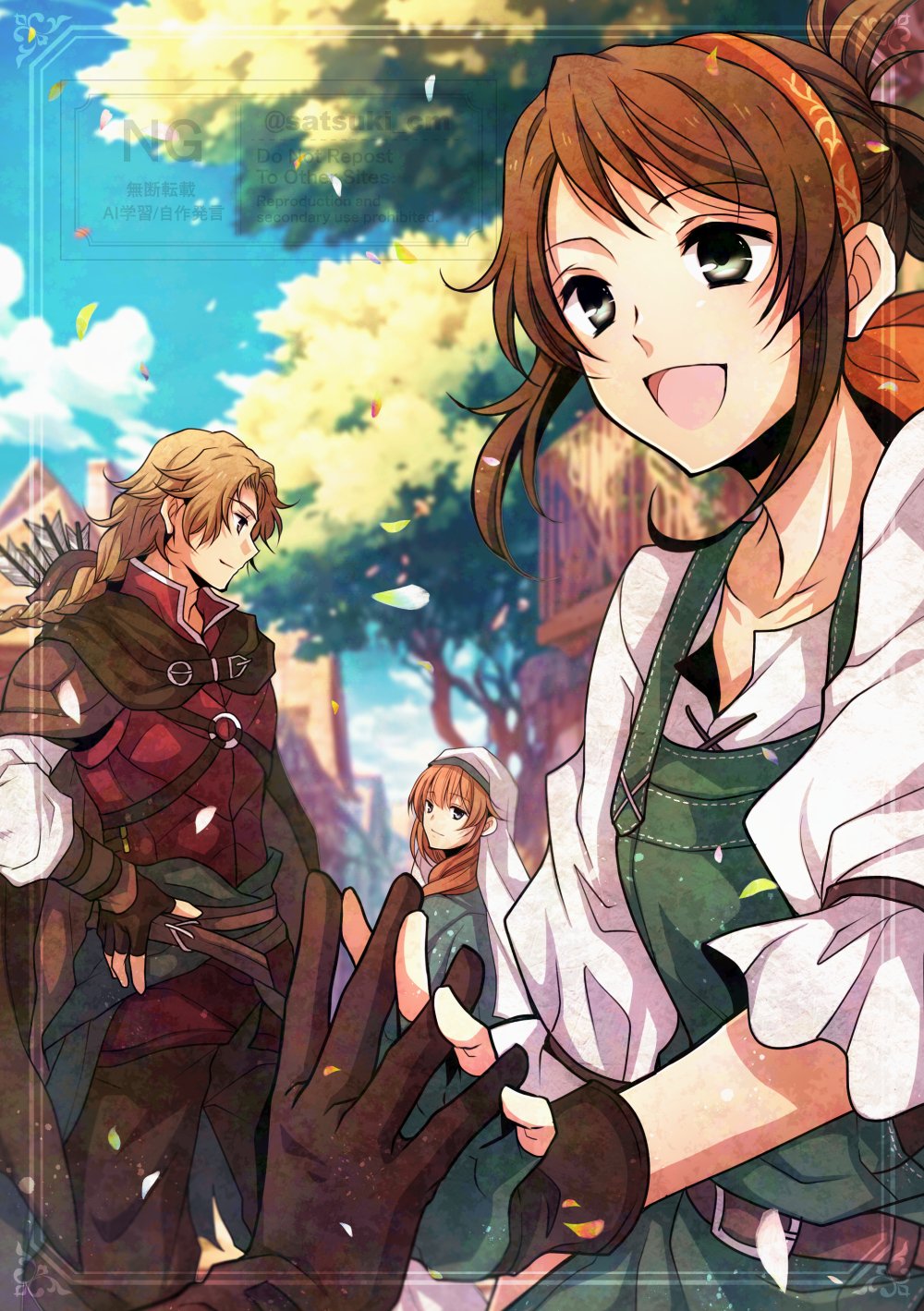 1boy, 1other, 2girls, :d, apron, arrow_(projectile), belt, black_eyes