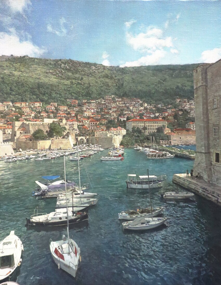 absurdres, apartment, arch, boat, brick_wall, building, city, commentary_request