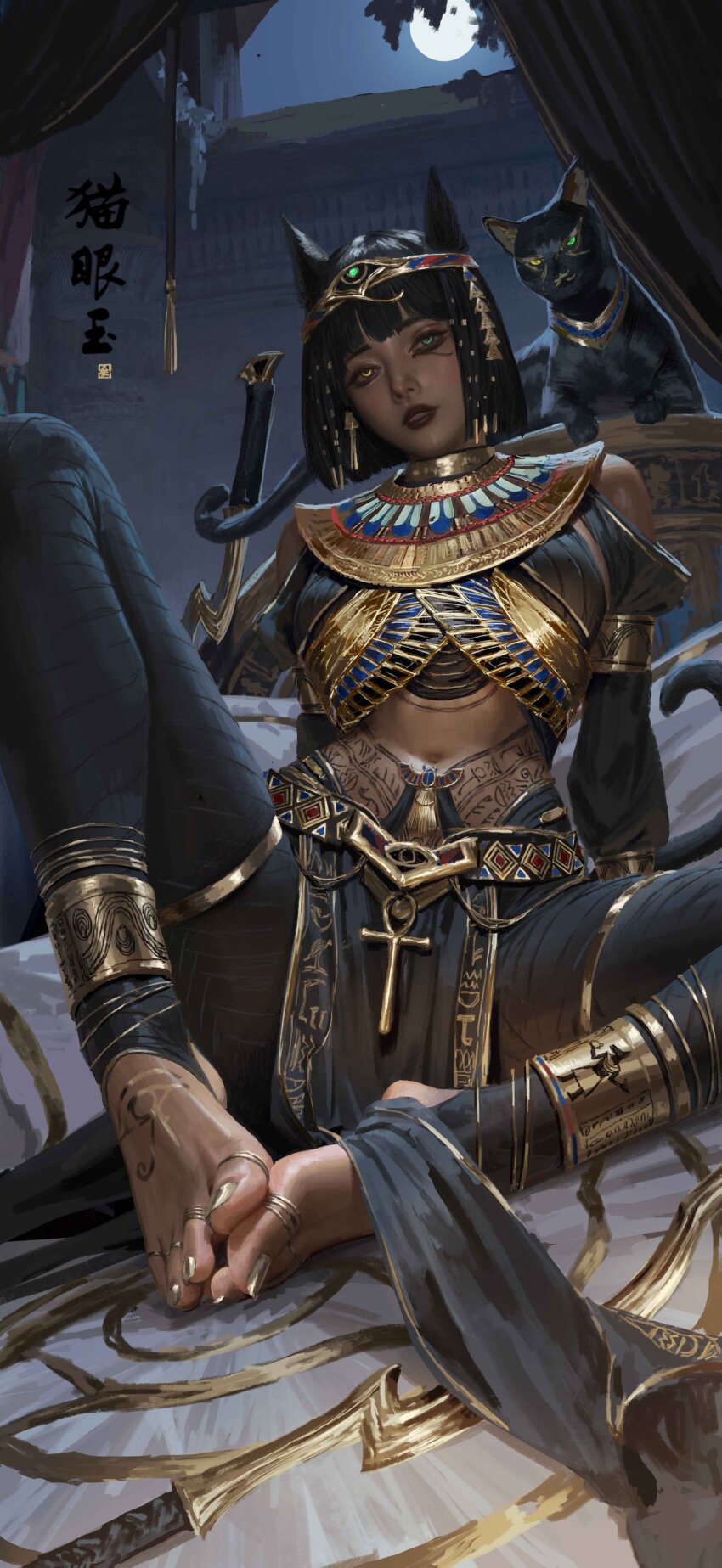 1girl, absurdres, ancient_egyptian_clothes, animal, ankh, ankleband, armband, bare_shoulders