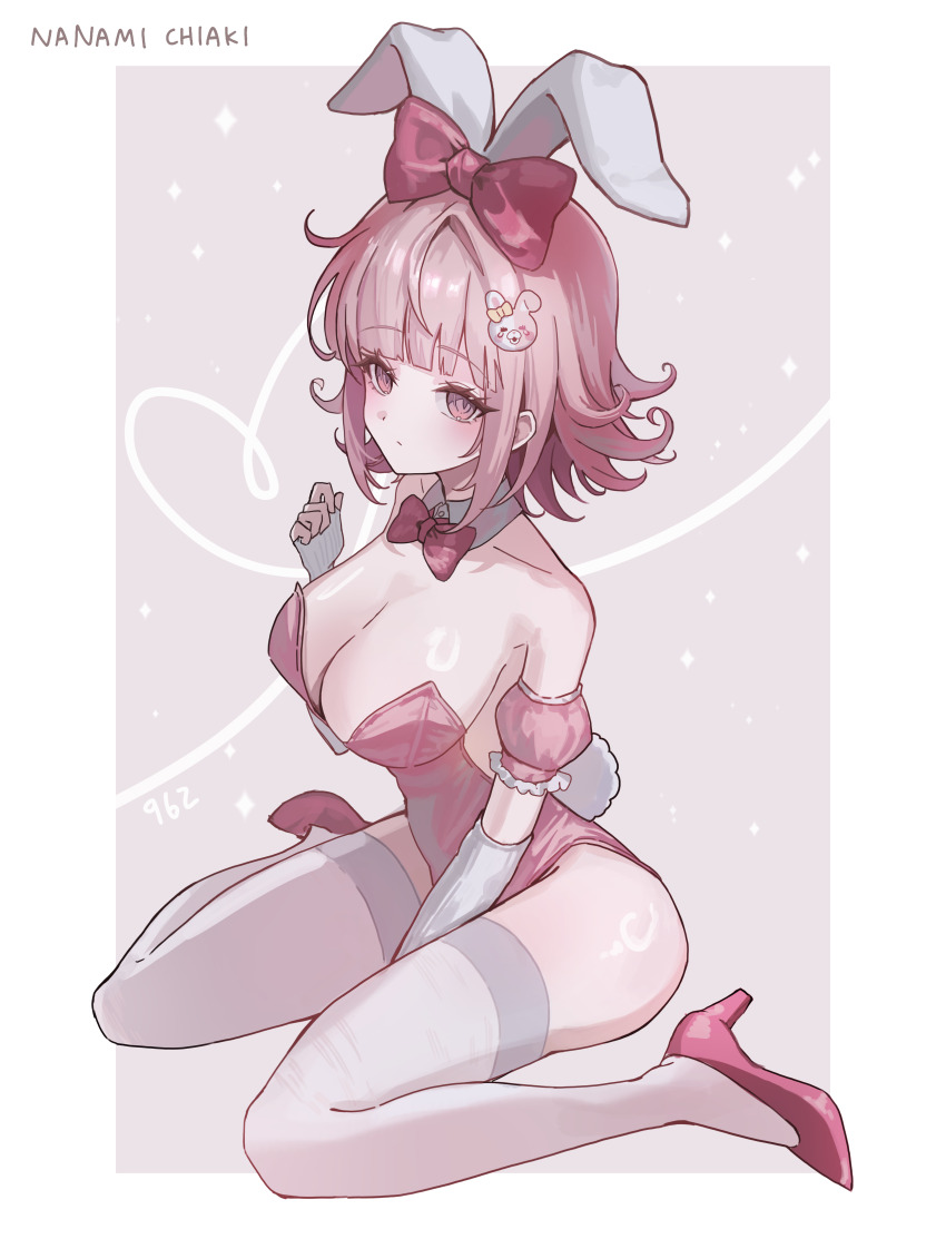 1girl, absurdres, alternate_costume, animal_ears, bare_shoulders, breasts, character_name, commentary_request, danganronpa_(series), danganronpa_2:_goodbye_despair, detached_collar, fake_animal_ears, heart, highres, kuryugi, leotard, looking_at_viewer, nanami_chiaki, pink_leotard, playboy_bunny, rabbit_ears, red_shoes, shoes, solo, strapless, strapless_leotard, thighhighs, white_background, white_thighhighs
