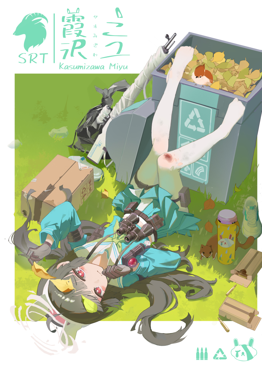 1girl, absurdres, animal, animal_ears, arrow_(symbol), autumn_leaves, binoculars, bird