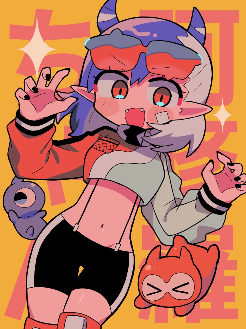 1girl, :d, absurdres, ado_(utaite), ashura-chan, ashura-chan_(character), black_nails, black_shorts, blue_shirt, blush_stickers, commentary_request, cowboy_shot, crop_top, cropped_shirt, fangs, hands_up, highres, horns, long_sleeves, looking_at_viewer, midriff, multicolored_hair, multicolored_shirt, nail_polish, navel, open_mouth, pointy_ears, purple_hair, purple_horns, red_eyes, red_shirt, richard_(richaball), shirt, short_hair, shorts, smile, solo, sparkle, two-tone_hair, white_hair