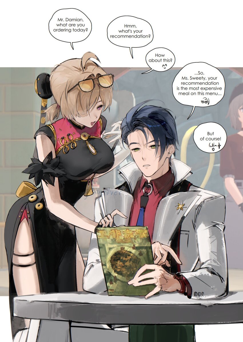 1boy, 1girl, ahoge, black_dress, black_gloves, blonde_hair, blue_hair, blue_necktie