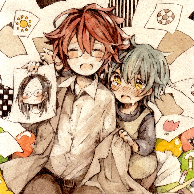 2boys, blush, child, crayon, drawing, closed_eyes, glasses, ichiko_(hanakasu)