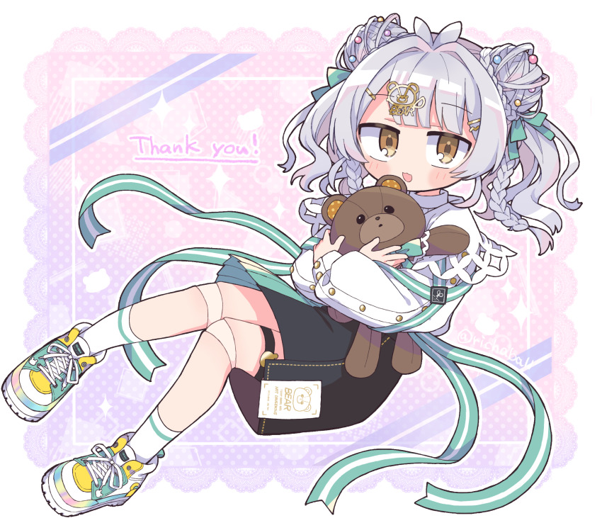 1girl, :d, black_skirt, blunt_bangs, blush, braid, brown_eyes, commentary_request, commission, doll_joints, double_bun, full_body, green_shoes, grey_hair, hair_bun, hair_intakes, highres, holding, holding_stuffed_toy, joints, kenshi_shiori, long_hair, long_sleeves, looking_at_viewer, open_mouth, outline, pink_background, polka_dot, polka_dot_background, reface_music_production, richard_(richaball), shirt, shoes, skeb_commission, skirt, smile, sneakers, socks, solo, sparkle, striped_clothes, striped_socks, stuffed_animal, stuffed_toy, teddy_bear, thank_you, twin_braids, twitter_username, virtual_youtuber, white_outline, white_shirt, white_socks, yellow_eyes
