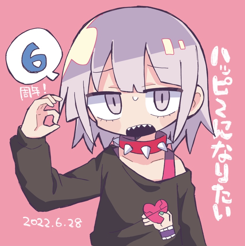 1girl, black_shirt, blunt_bangs, blush_stickers, collar, collarbone, commentary_request, dated