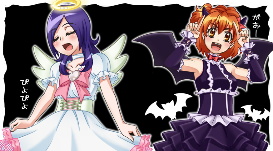 00s, 2girls, :d, angel_and_devil, angel_wings, bat_(animal), bat_wings, bow, brooch, brown_eyes, brown_hair, choker, closed_eyes, corset, curtsey, dress, eyelashes, fresh_precure!, halloween, halo, happy, heart, higashi_setsuna, holding_own_dress, horns, jewelry, long_hair, multiple_girls, open_mouth, pink_bow, pointing, precure, purple_hair, ribbon, short_hair, side_ponytail, smile, traditional_halo, wings, x0000x, yamabuki_inori