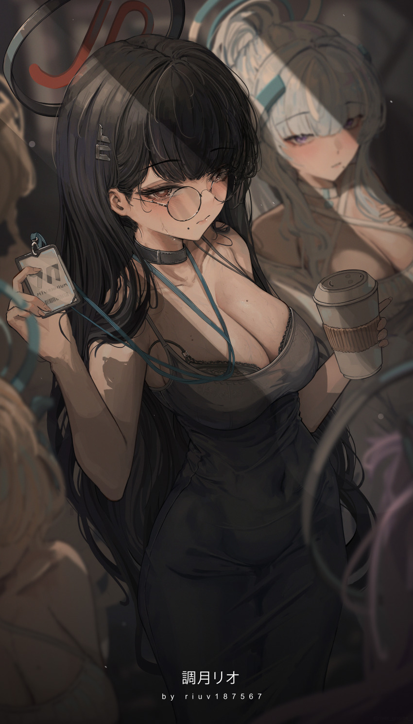 2girls, absurdres, alternate_costume, artist_name, bespectacled, black_bra, black_choker, black_hair