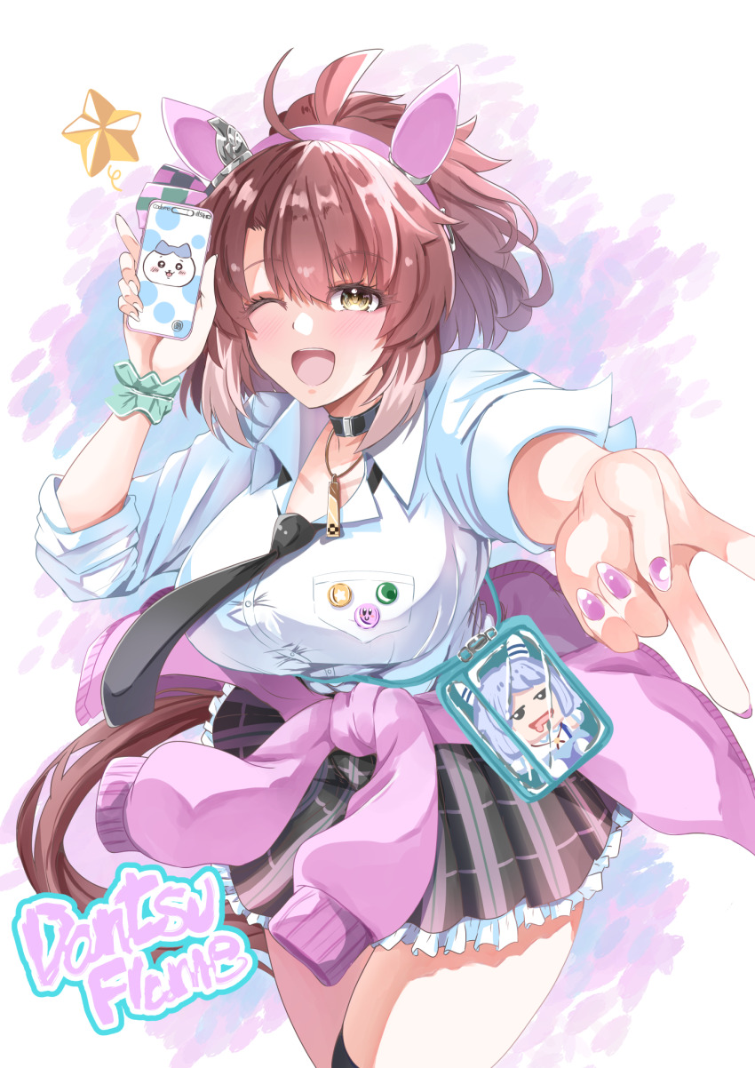 1girl, ahoge, animal_ears, bag, black_choker, black_necktie, black_skirt, black_thighhighs