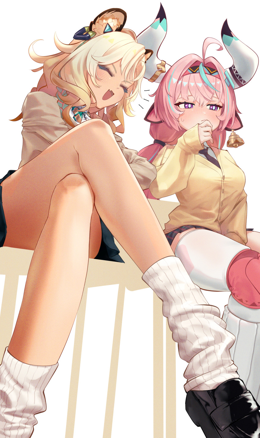 2girls, absurdres, ahoge, akaika_(aka), animal_ear_fluff, animal_ears, aqua_hair, bell, black_shoes, black_skirt, blonde_hair, braid, breasts, bright_pupils, brown_cardigan, cardigan, commentary_request, cow_ears, cow_girl, cow_horns, cowbell, crossed_legs, dark-skinned_female, dark_skin, fang, genshin_impact, hairband, highres, horns, jaguar_ears, jaguar_girl, leg_warmers, loafers, long_hair, long_sleeves, medium_breasts, medium_hair, multicolored_hair, multiple_girls, necktie, notice_lines, open_mouth, pink_hair, pleated_skirt, purple_eyes, school_uniform, shirt, shoes, single_braid, single_thighhigh, sitting, skin_fang, skirt, sleeves_past_wrists, streaked_hair, thighhighs, twin_braids, varesa_(genshin_impact), white_background, white_leg_warmers, white_shirt, xilonen_(genshin_impact), yellow_cardigan