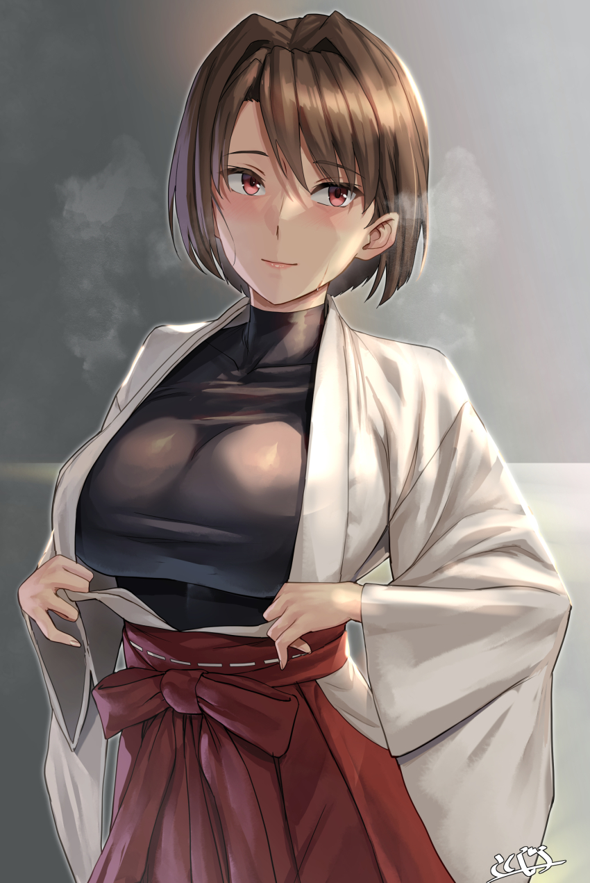 1girl, black_shirt, breasts, brown_eyes, brown_hair, closed_mouth, commentary_request, hakama, hakama_skirt, highres, hyuuga_(kancolle), hyuuga_(miko)_(kancolle), japanese_clothes, kantai_collection, kimono, kokuzou, large_breasts, light_smile, looking_to_the_side, official_alternate_costume, red_hakama, shirt, short_hair, signature, skirt, solo, steaming_body, sweat, undershirt, white_kimono