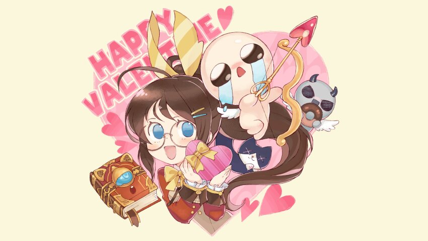 1girl, 3boys, :d, absurdres, ahoge, apollyon_(the_binding_of_isaac), arrow_(projectile), artist_request