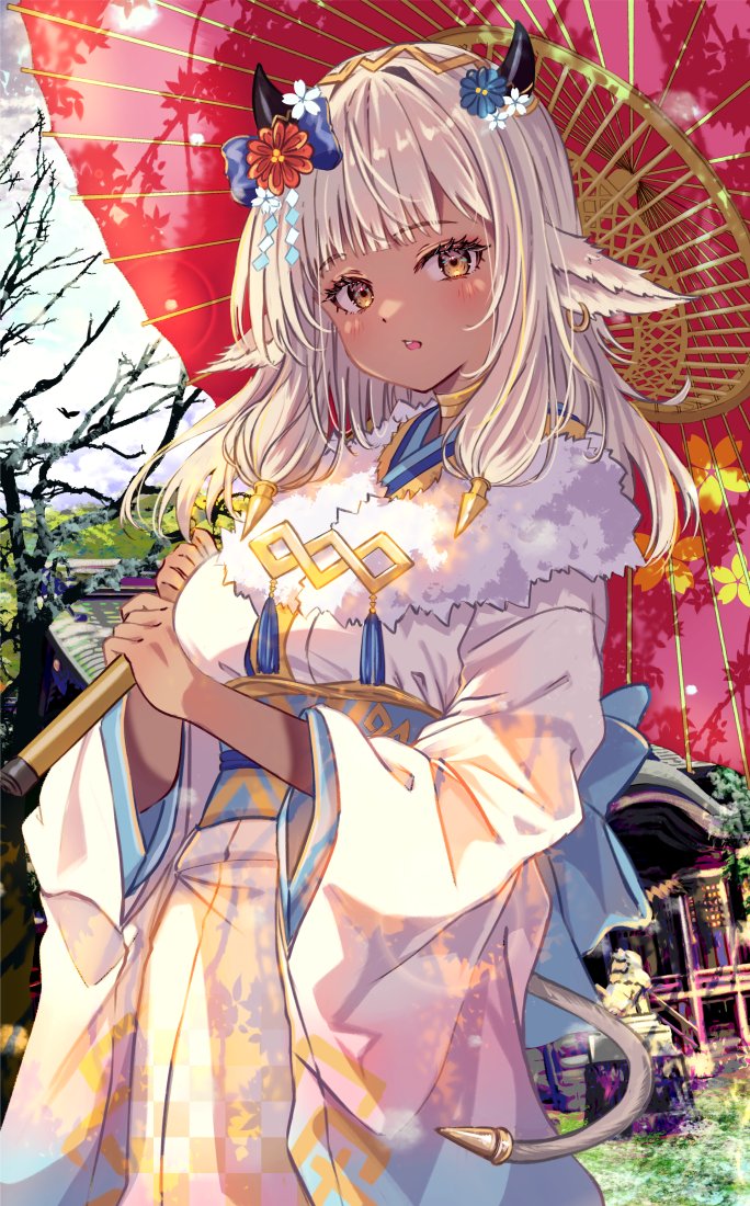 1girl, animal_ears, ash_(fire_emblem), ash_(new_year)_(fire_emblem), black_horns, blush, breasts, brown_eyes