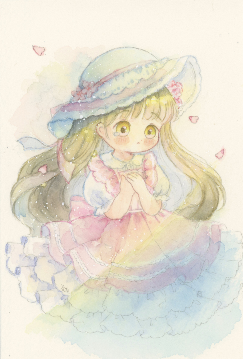 1girl, absurdres, blonde_hair, bonnet, brown_eyes, commentary_request, dress, falling_flower