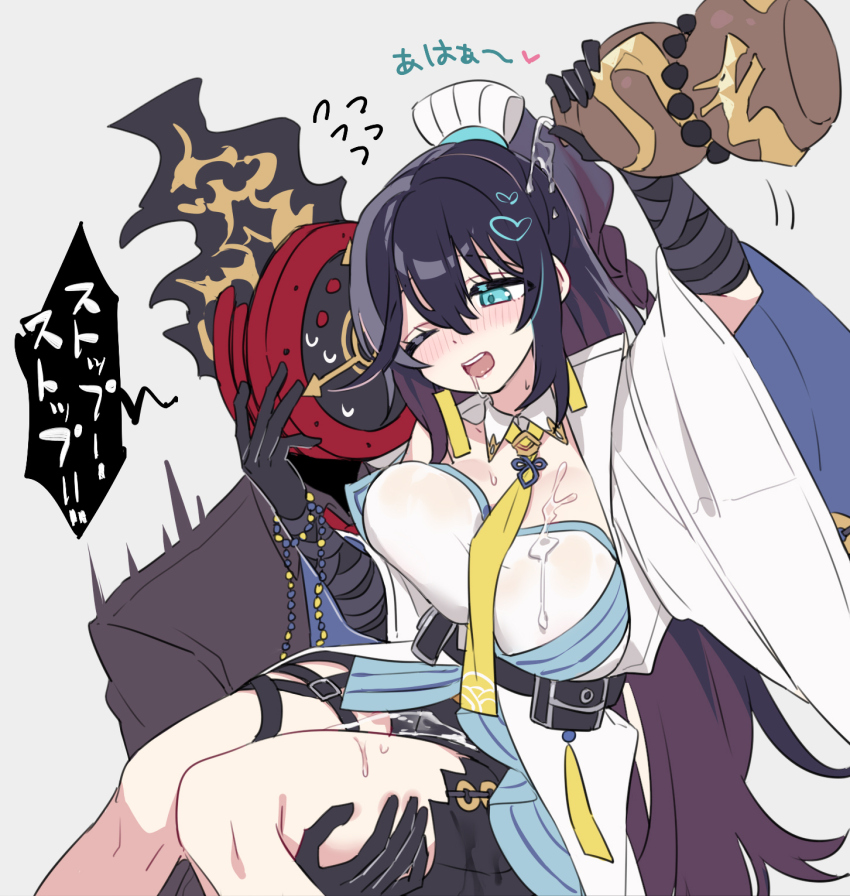 1girl, 1other, aqua_eyes, arknights, arm_up, black_hair, braid, breasts