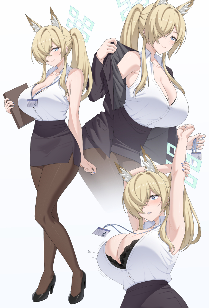1girl, animal_ear_fluff, animal_ears, armpits, arms_up, ass, bare_shoulders, blonde_hair, blue_archive, blush, bra_visible_through_clothes, breasts, bursting_breasts, cleavage, closed_mouth, commentary, dog_ears, dog_girl, english_commentary, flying_button, full_body, greyscale, hair_over_one_eye, halo, high_heels, high_ponytail, highres, holding, holding_lanyard, id_card, kanna_(blue_archive), lanyard, large_breasts, leggings, long_hair, looking_at_object, looking_at_viewer, monochrome, multiple_views, mzrz, office_lady, parted_lips, pencil_skirt, ponytail, removing_jacket, sharp_teeth, shirt_tucked_in, skirt, teeth, thighs, upper_body