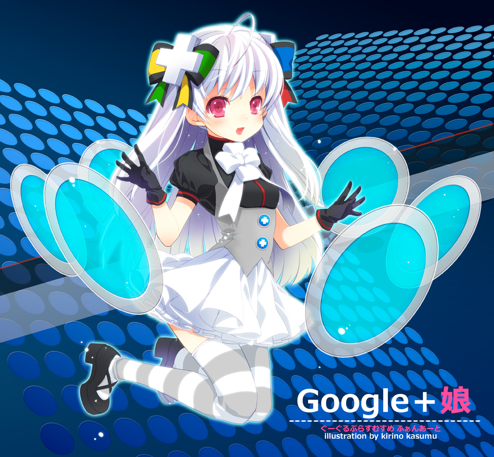 1girl, blush, bow, dress, english_text, female_focus, gloves, google, google+, hair_bow, hair_ornament, kirino_kasumu, long_hair, mary_janes, open_mouth, personification, pink_eyes, shoes, skirt, smile, solo, striped_clothes, striped_thighhighs, thighhighs, very_long_hair, white_hair