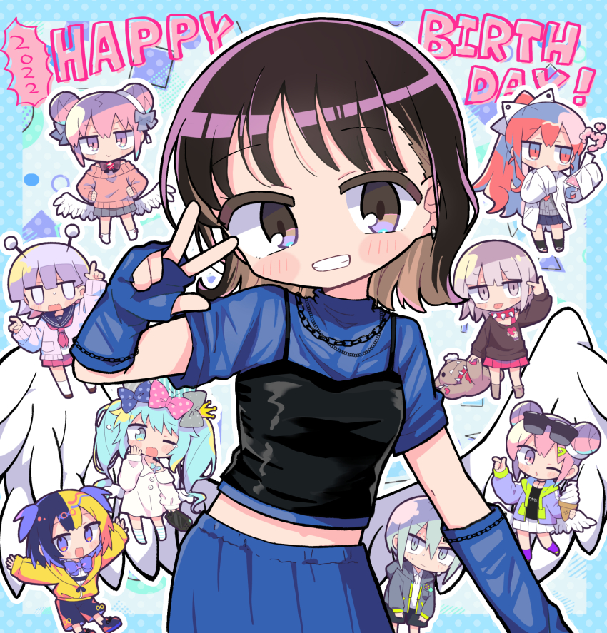 6+girls, :d, ;o, black_camisole, blue_background, blue_eyes, blue_gloves, blue_hair