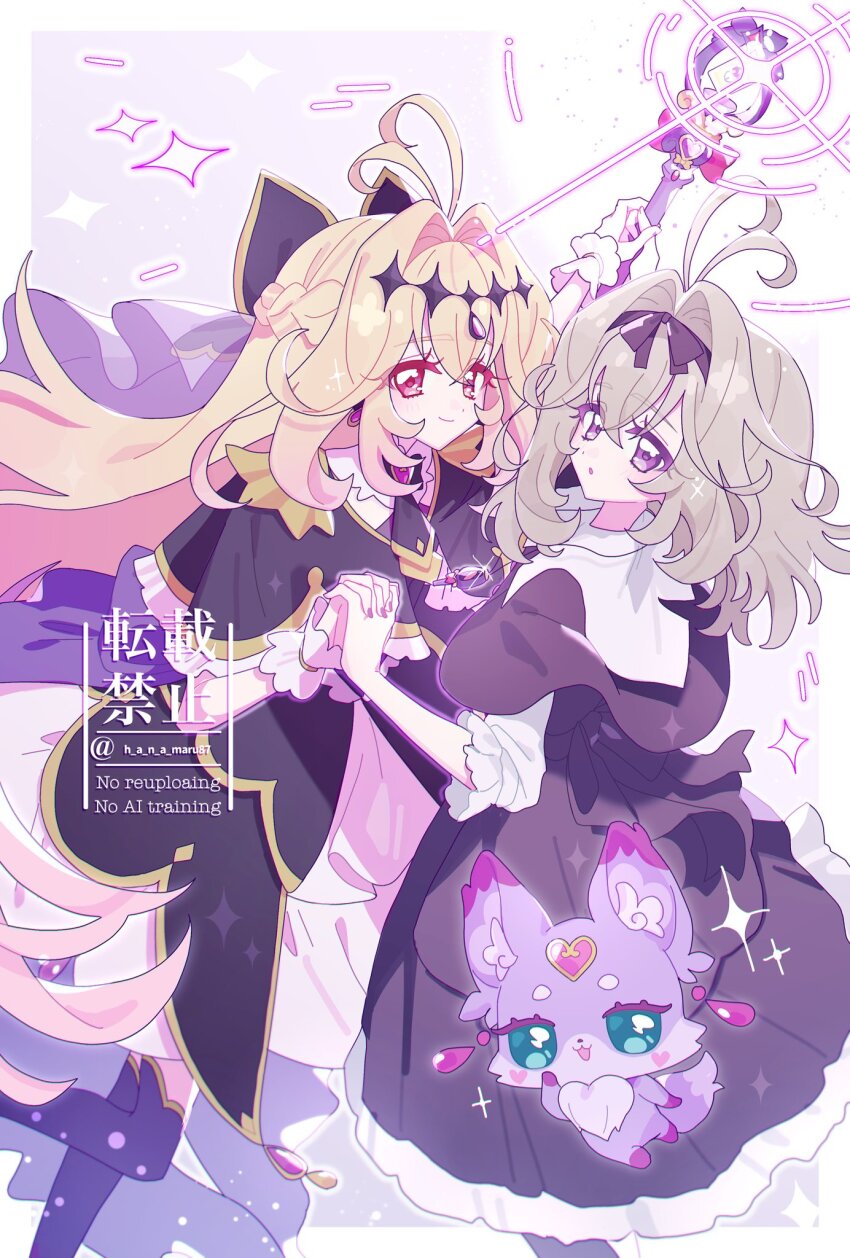 2girls, antenna_hair, black_bow, black_capelet, black_dress, black_necktie, blonde_hair, bow