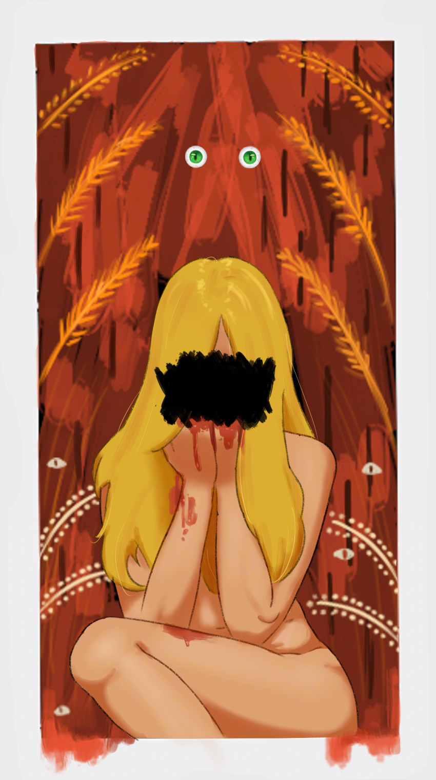 absurdres, agata_(moitasart), blind_girl_(moitasart), blonde_hair, blood, censored, green_eyes, highres