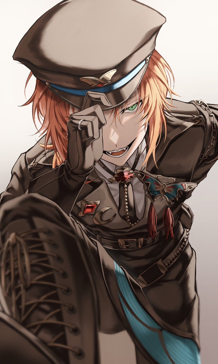 1boy, adjusting_clothes, adjusting_headwear, black_boots, black_gloves, black_hat, black_necktie, black_pants