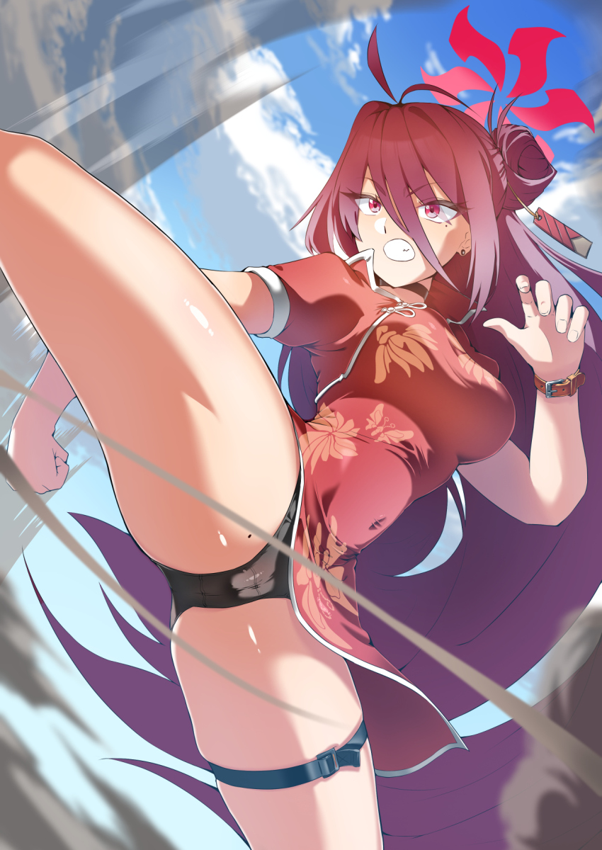 1girl, belt, black_panties, blue_archive, china_dress, chinese_clothes, clenched_teeth, commentary_request, dress, fighting_stance, hair_bun, halo, high_kick, highres, kicking, leg_up, long_bangs, long_hair, mole, mole_on_thigh, mole_under_eye, panties, pantyshot, pelvic_curtain, red_dress, red_hair, red_halo, reijo_(blue_archive), saka_ryouka, single_side_bun, solo, split, standing, standing_on_one_leg, standing_split, teeth, thigh_belt, thigh_strap, underwear
