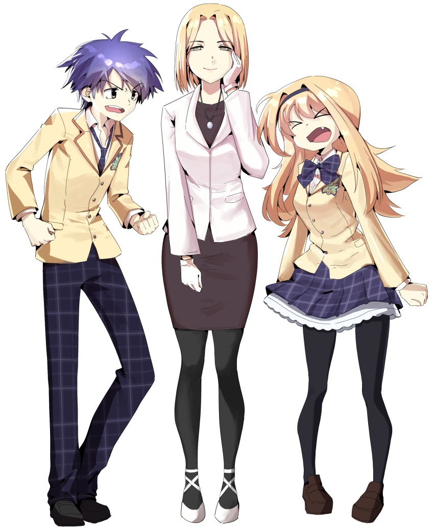 >_<, 1boy, 2girls, absurdres, black_dress, black_pantyhose, black_shoes, blazer