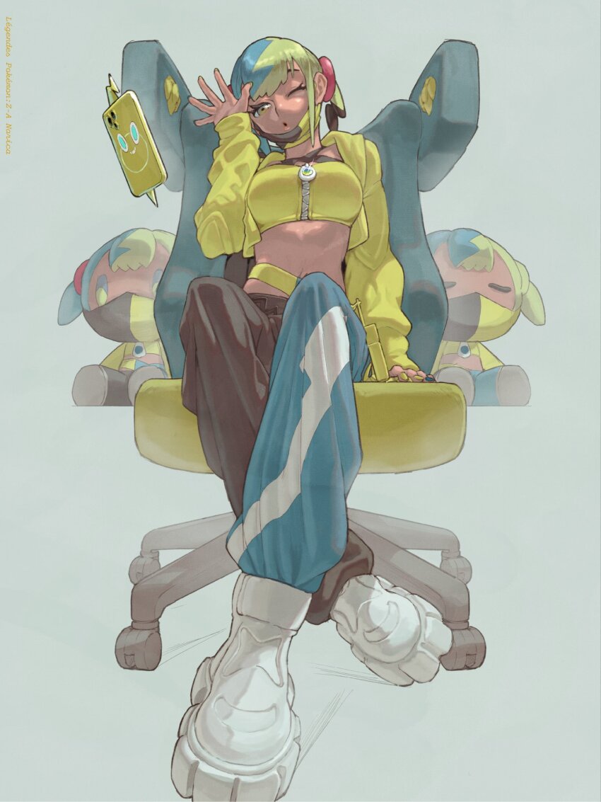 1girl, aqua_hair, bandeau, black_mask, blonde_hair, blue_eyes, blue_nails, boots