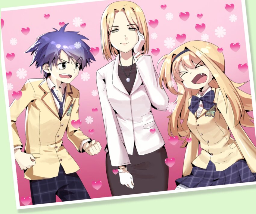 >_<, 1boy, 2girls, black_dress, blazer, blonde_hair, blue_hair, bow