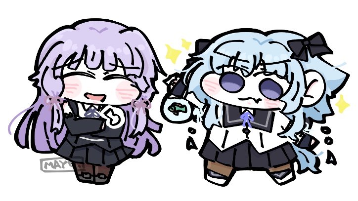 2girls, ^_^, artist_name, assault_lily, bag, bagged_fish, banshouya_ena, bare_shoulders