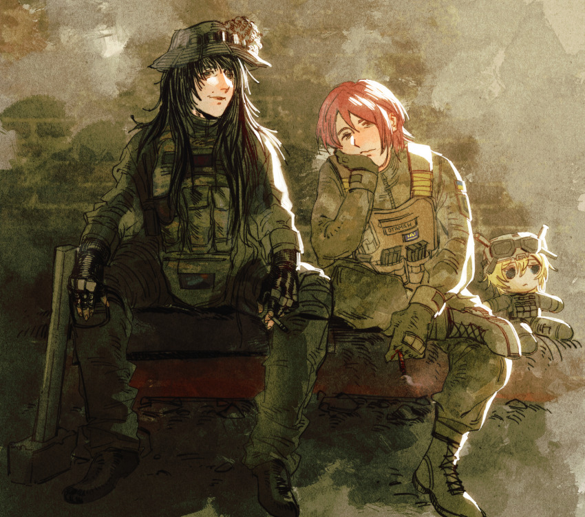 1boy, 1girl, androgynous, black_hair, blood, boots, bulletproof_vest, camouflage, camouflage_jacket, camouflage_pants, cheek_rest, cigarette, commentary, commission, commissioner_upload, digital_camouflage, english_commentary, evgenia_blinova, exhausted, fingerless_gloves, fumo_(doll), gloves, hammer, highres, holding, holding_cigarette, idi_nahui, jacket, kenneth_del_duca, long_hair, looking_at_viewer, medium_hair, military, mole, mole_above_mouth, morale_patch, non-web_source, original, pants, russo-ukrainian_war, sad_smile, sitting, sledgehammer, soldier, sweetrinaxd, tactical_gloves, tanya_degurechaff, tanya_degurechaff_(sleepwalker), tryzub, ukrainian_flag, zipper_pull_tab