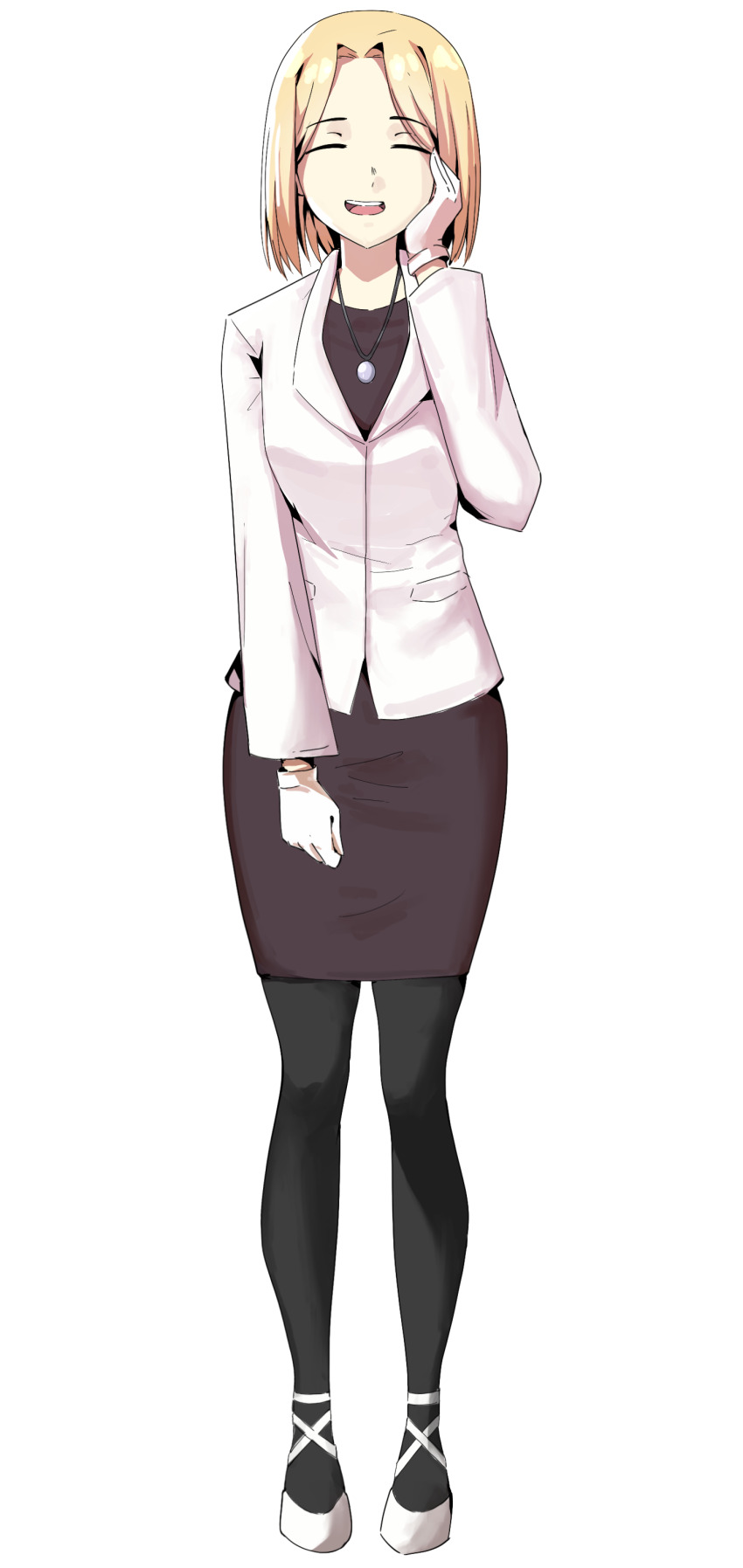 1girl, absurdres, black_pantyhose, blonde_hair, bob_cut, brown_dress, chaos;head, closed_eyes