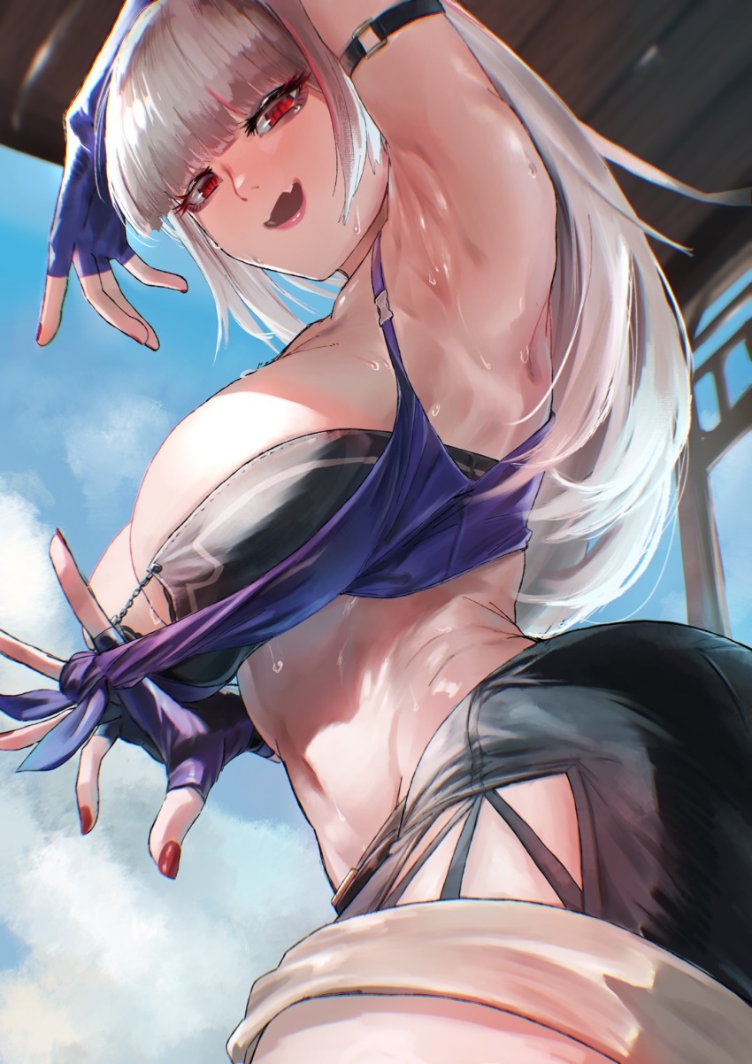 1girl, armpits, bikini, black_bikini, blue_gloves, blue_sky, breasts, cleavage