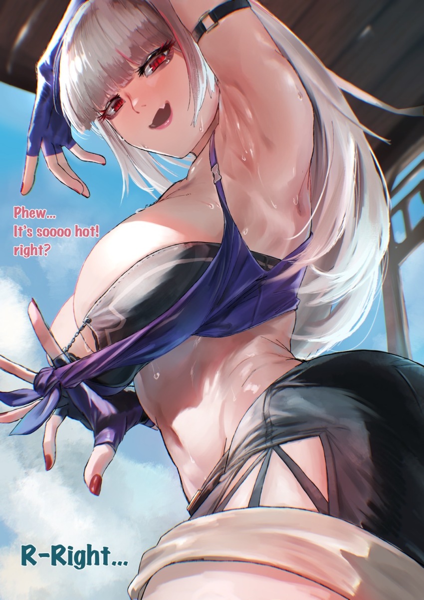 1girl, arm_up, armpits, bikini, black_bikini, blue_gloves, blue_sky, breasts