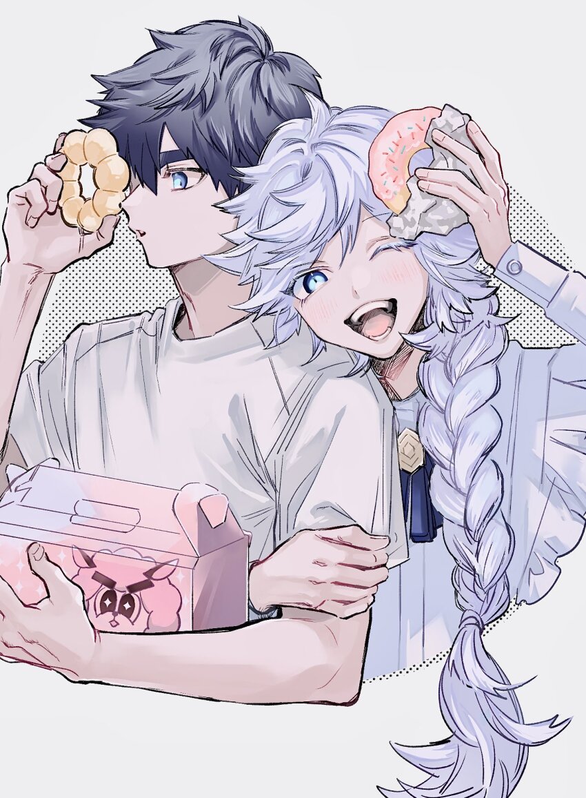 2boys, androgynous, blue_eyes, blush, braid, braided_ponytail, brothers, cropped_torso