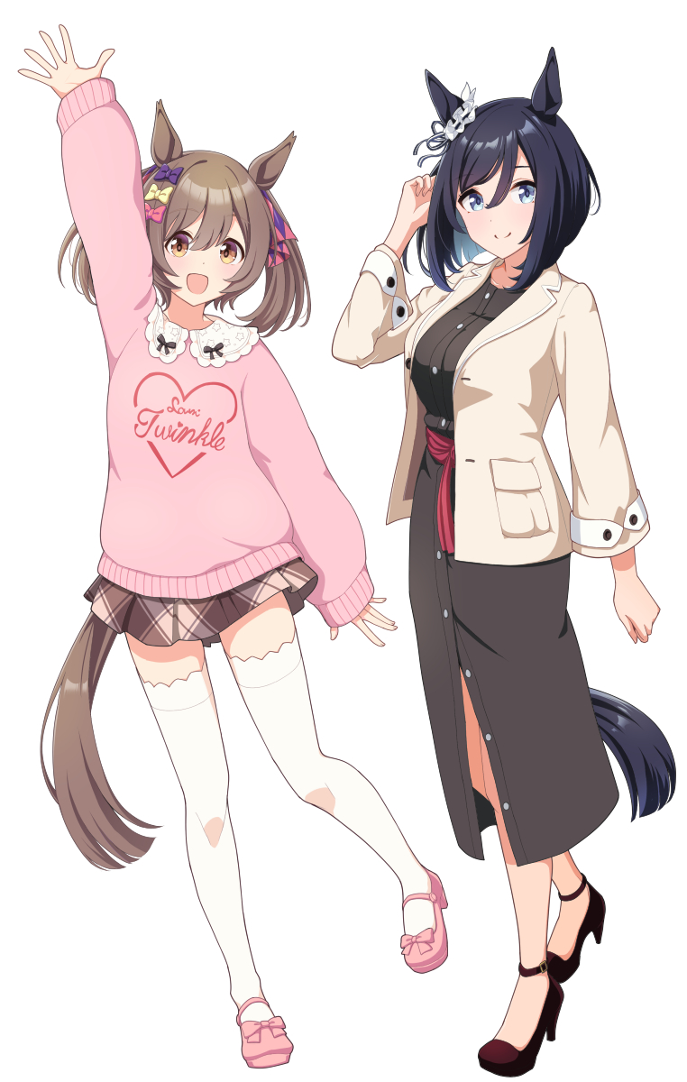 2girls, animal_ears, black_dress, black_hair, blue_eyes, blush, bob_cut, bow