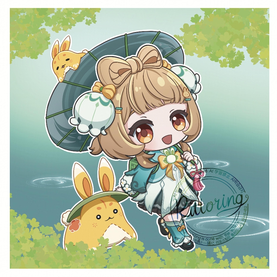 1girl, :d, black_shoes, blue_umbrella, bow, bow-shaped_hair, brown_hair, chibi