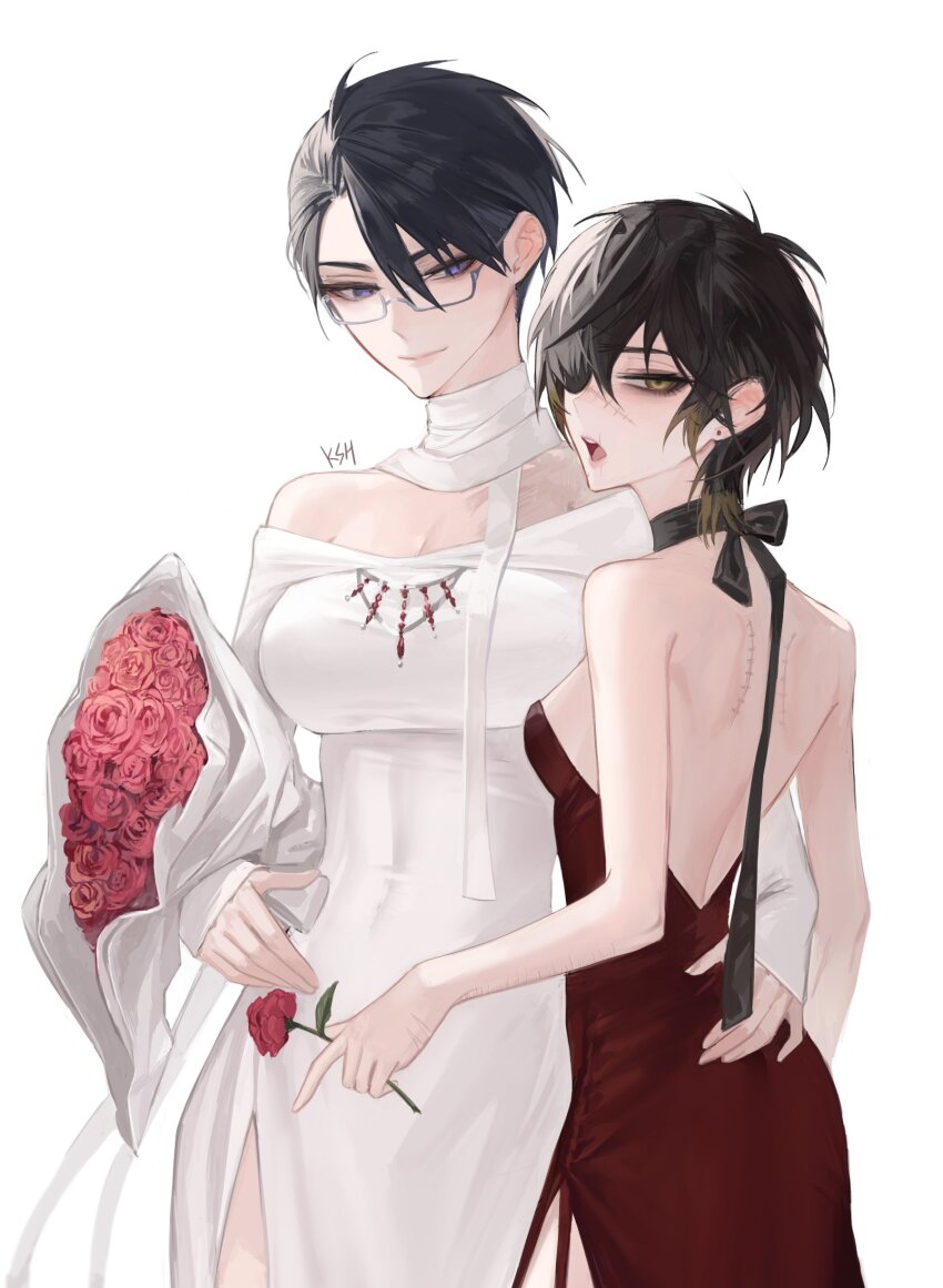 2girls, absurdres, arm_around_another's_waist, backless_dress, backless_outfit, black_bow, black_hair, blue_eyes