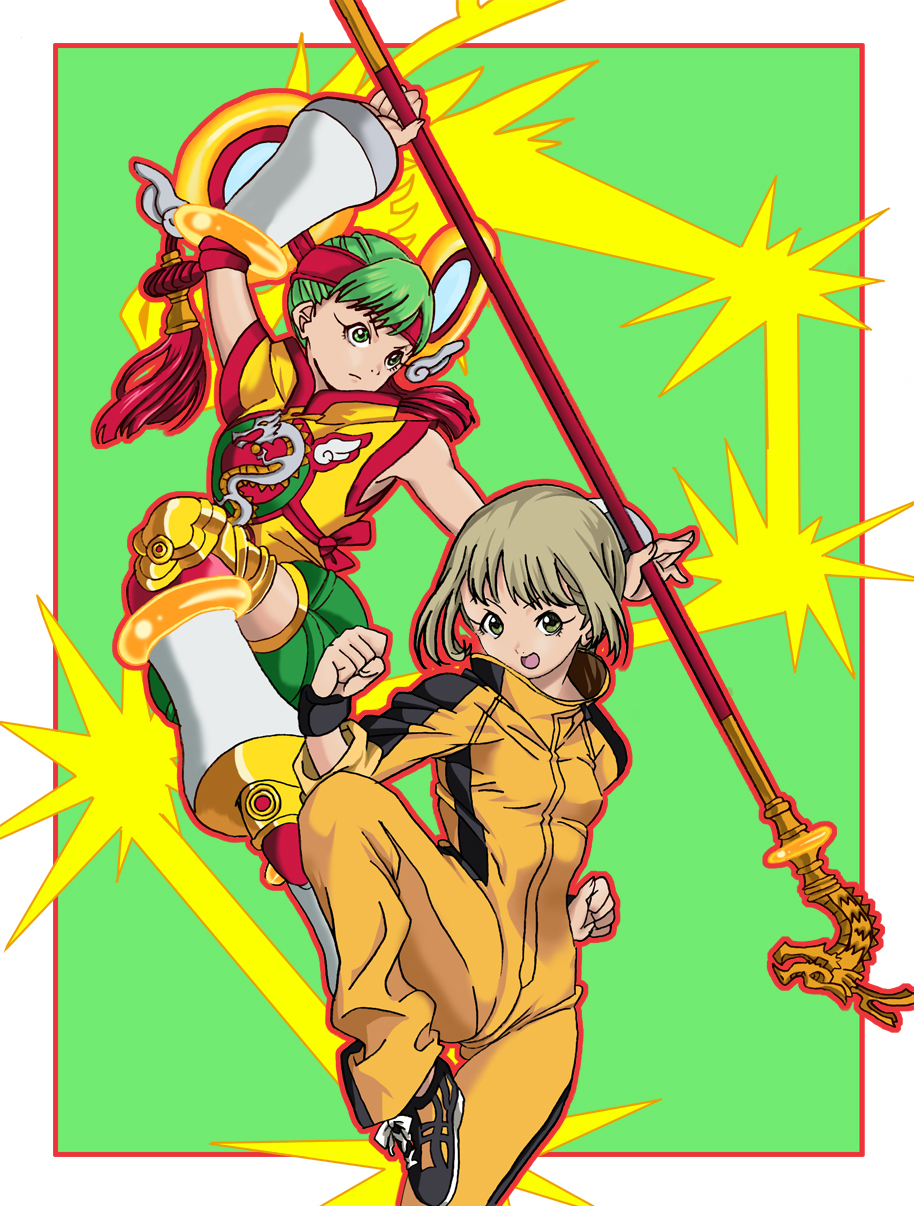 10s, 2girls, blonde_hair, bruce_lee's_jumpsuit, chinese_clothes, detached_sleeves, dragon_kid, dual_persona